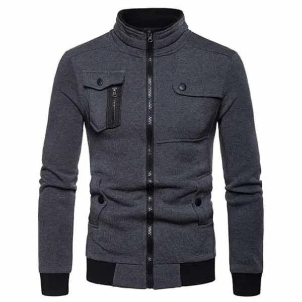 Charcoal Patchwork Pocket Zipper Jacket For Men