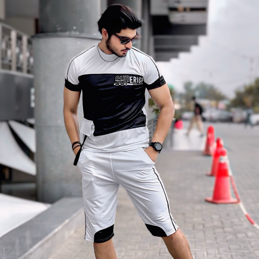 White Printed Short Tracksuit With Contrasted Pannels For Men