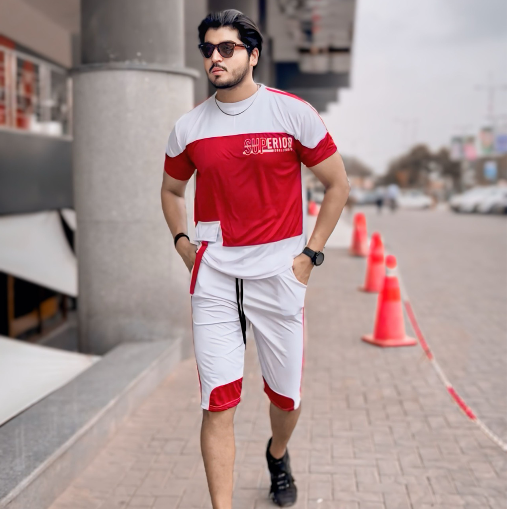 White Printed Short Tracksuit With Contrasted Pannels For Men