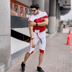 White Printed Short Tracksuit With Contrasted Pannels For Men