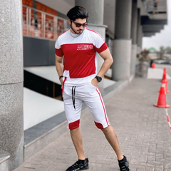 White Printed Short Tracksuit With Contrasted Pannels For Men