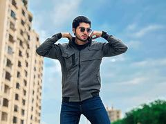 Charcoal Patchwork Pocket Zipper Jacket For Men