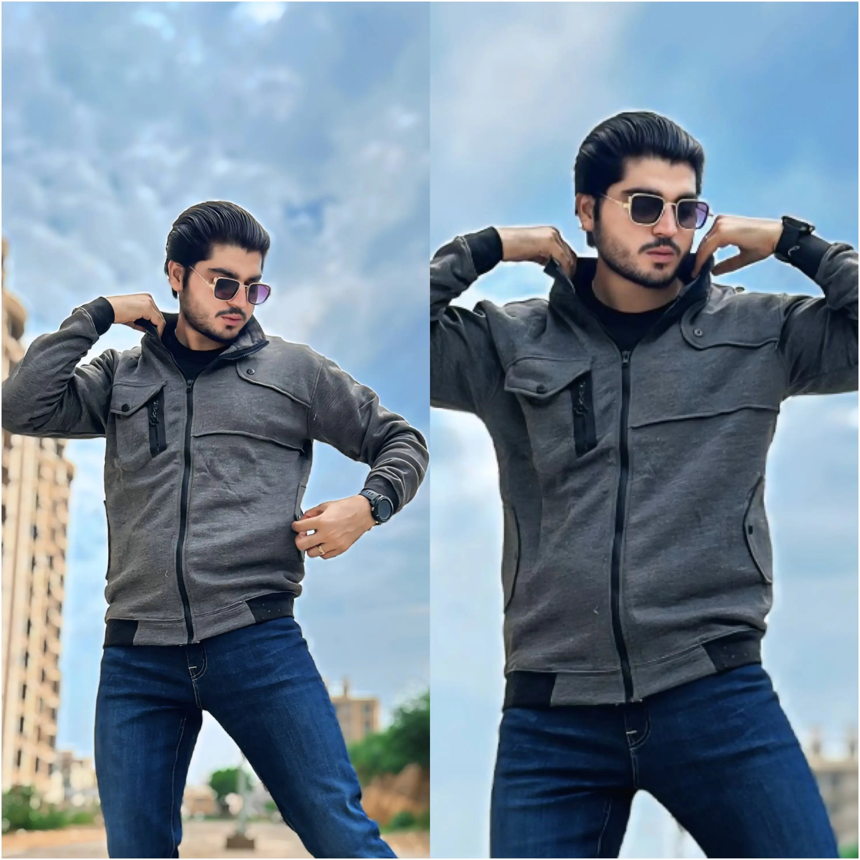 Charcoal Patchwork Pocket Zipper Jacket For Men